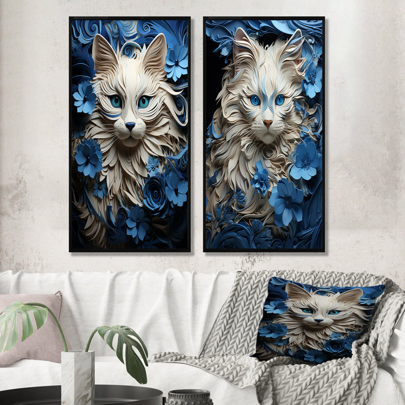 Ensemble de 2 impressions sur toile blanches et bleues, H 40 po x l 41 po, Cadre flottant noir