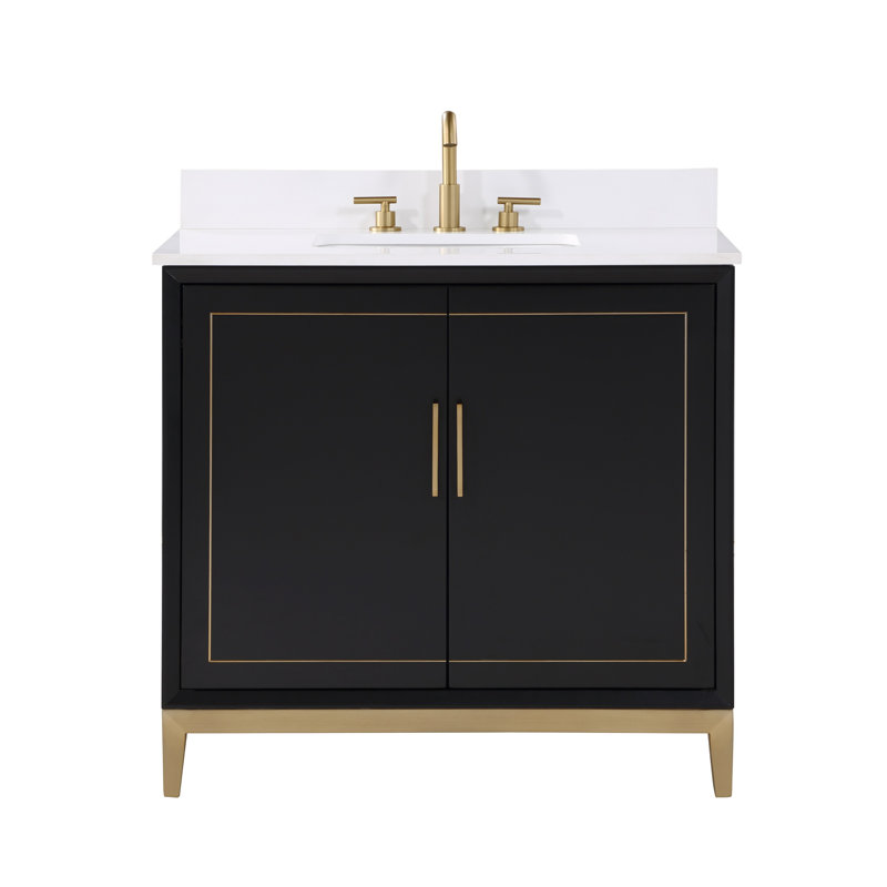 Gracie 36'' W Single Vanity, Midnight Black, White Quartz, Satin Brass