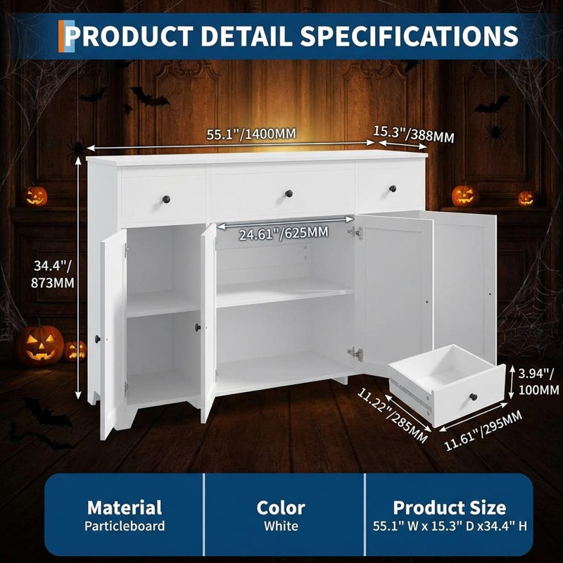 55" Sideboard Buffet Cabinet with Storage, Minimalist Kitchen Storage Cabinet with 3 Drawers & 4 Doors, Farmhouse Buffet Console Table Coffee Bar with Adjustable Shelf for Kitchen
