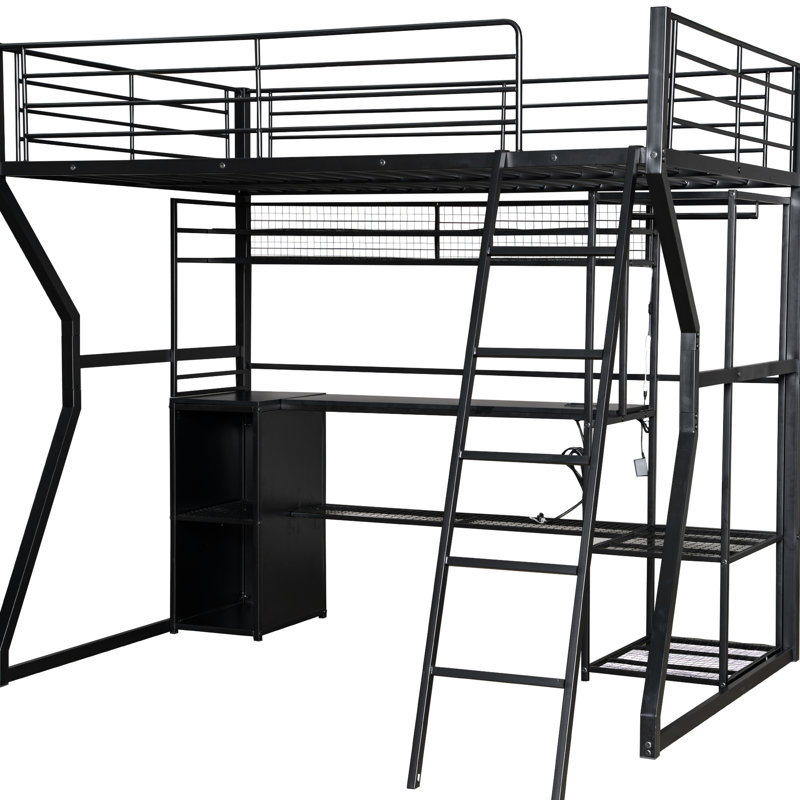 Lit mezzanine noir en métal pleine grandeur avec beaucoup de rangement, garde-robe ouverte et lampe à DEL pour une chambre de travail moderne et confortable