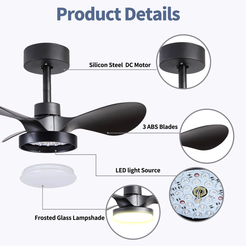 24" Small Ceiling Fan With Light Remote Control ,Modern Low Profile Ceiling Fan, 6-Speeds Quiet Reversible Dc Motor For Bedroom,Kitchen