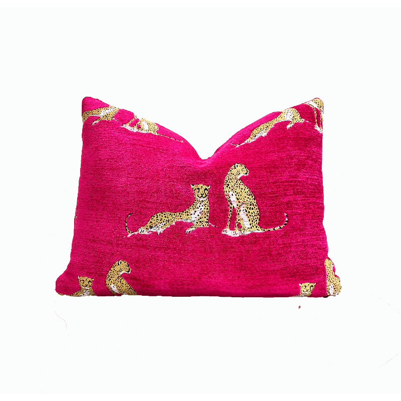 Chenille Embroidered Cheetah Lumbar Pillow Cover, Fuchsia