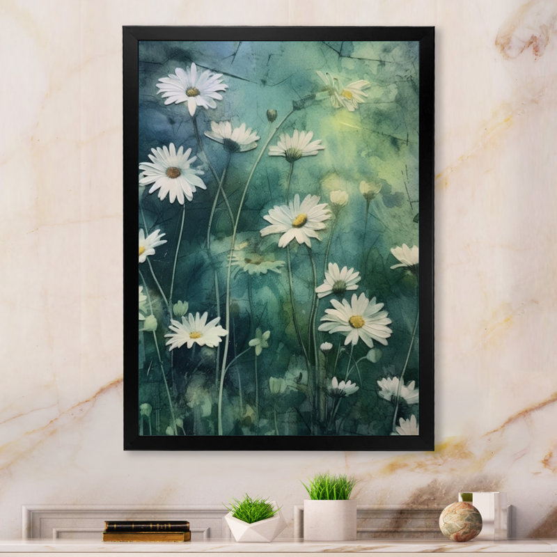 Fusion de marguerites blanches et vertes II sur toile, H 20 po x l 12 po x P 1 po, Cadre photo noir