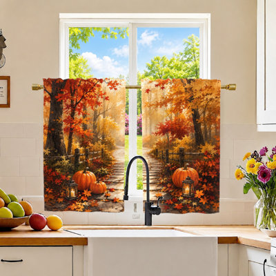 2Pcs Autumn Forest Path Pumpkins Lanterns Maple Leaves Curtains, Light Filtering Fabric, Vintage and Mysterious Nature Scene Print Pattern, Sunshade Privacy Protection, Rod-Pocket Design, Suitable for Living Room, Bedroom, Balcony, Kitch