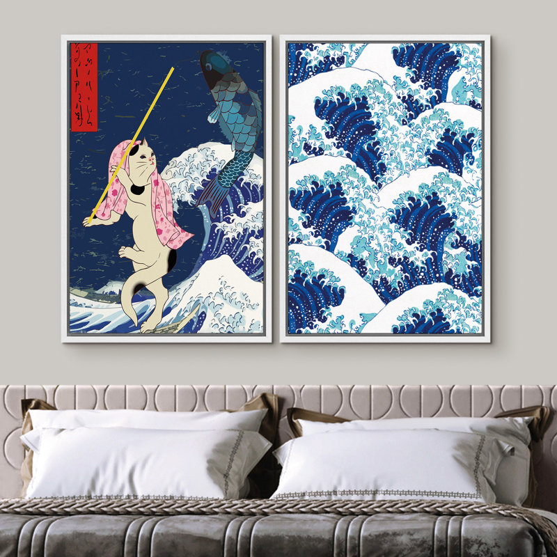 Océan, vagues de style Ukiyo-e, style asiatique japonais rétro, images minimalistes modernes, impression numérique sur toile, art numérique encadré