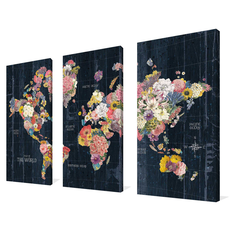 «Botanical Floral Map Words», ensemble de 3 impressions sur toile tendue, H 32 po x l 48 po x P 0,75 po