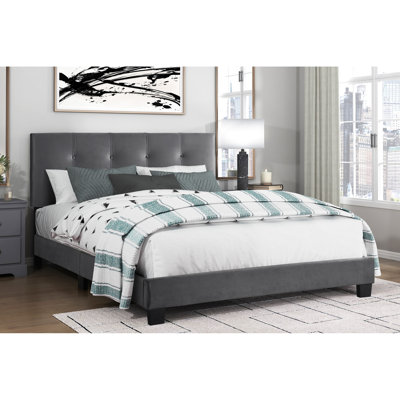Mobilier de chambre à coucher grand lit en bois massif, revêtement en velours gris foncé, lit plateforme réglable avec tête de lit, velours, structure