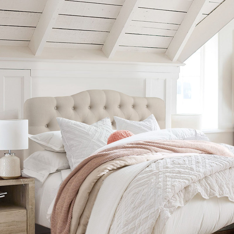 Adjustable Height Headboard with Linen Upholstery and Button Tufting for Bedroom, Beige, Full