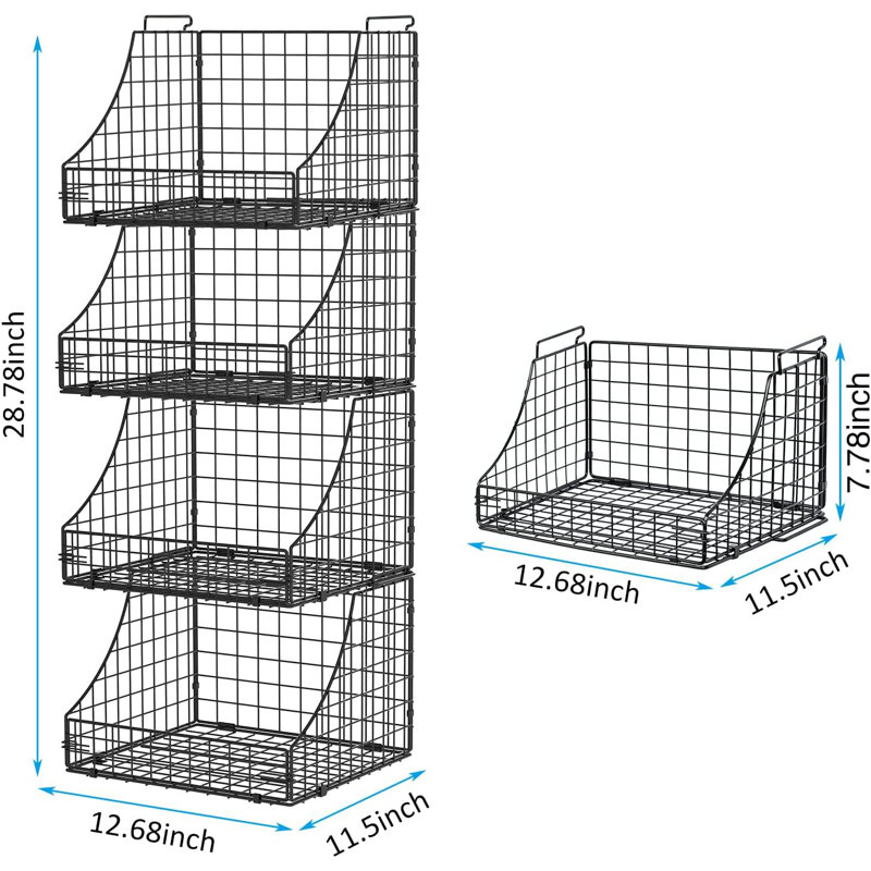 4-Pack Stackable Wire Baskets for Closet Organizers and Storage, Open Storage Bins for Clothes, Toys, and Snacks - Rustic Metal Closet Organizer and Shelves in Black