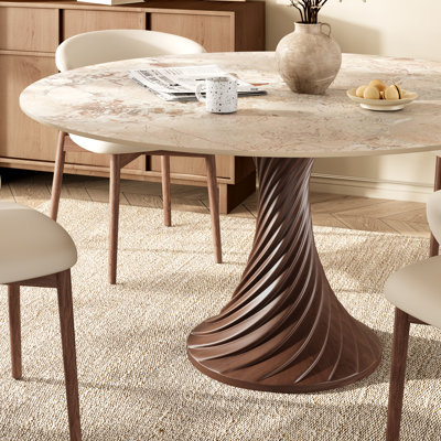 Modern Sintered Stone Round Dining Table For 4-10 With Dark Walnut Solid Wood Pedestal Base - "Happy Line"  Design