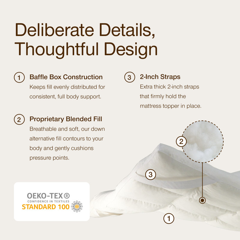 Coop Home Goods Essence Down Alternative Mattress Topper Full, Plush Baffle Box with 2-Inch Gusset Design, Full