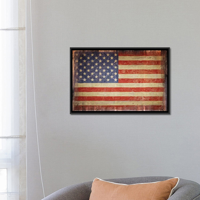 « rétro flag on barnwood », peinture sur toile, H 18 po x l 26 po x P 1,5 po, Toile avec cadre noir
