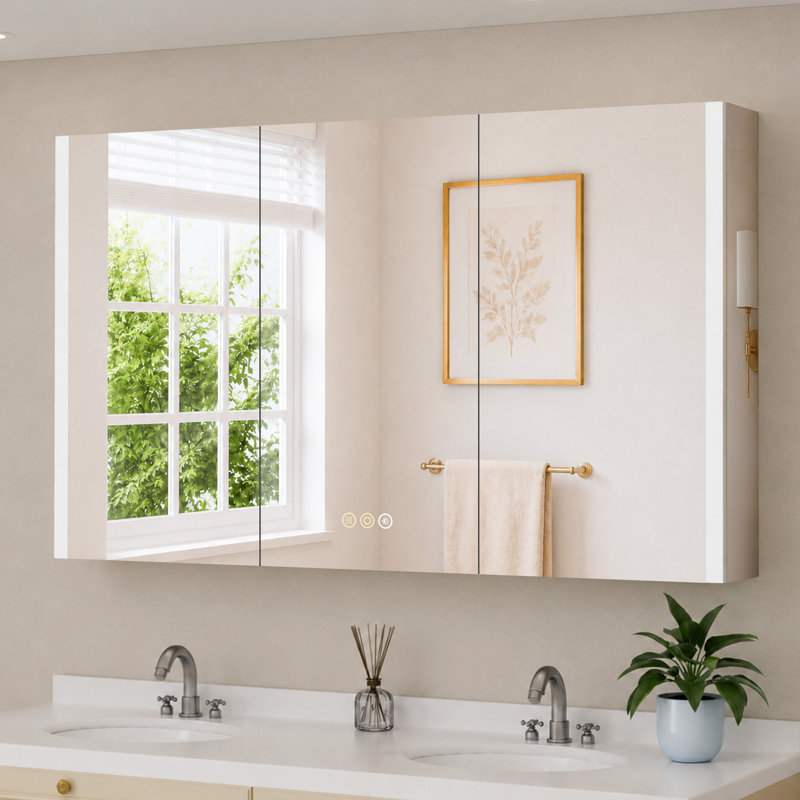 Armoire à pharmacie avec miroir à DEL, l 60 po x H 32 po avec éclairage à intensité variable, désembueur, très grand espace de rangement, tablettes en verre réglables, montage encastré ou en surface, homologué ETL