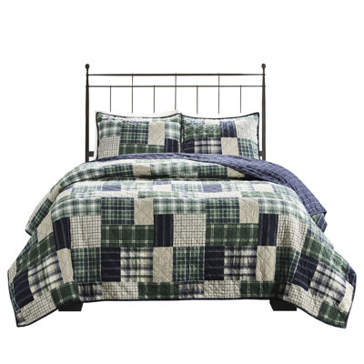 /Navy Full/Queen Bedding , Reversible Patchwork And Plaid, Cotton Filled, Zippered Shams For Relax 3 Piece Quilt Navy - Reversible, Plaid Patterns, Soft Microfiber, Zipper Closure Warm Bedroom