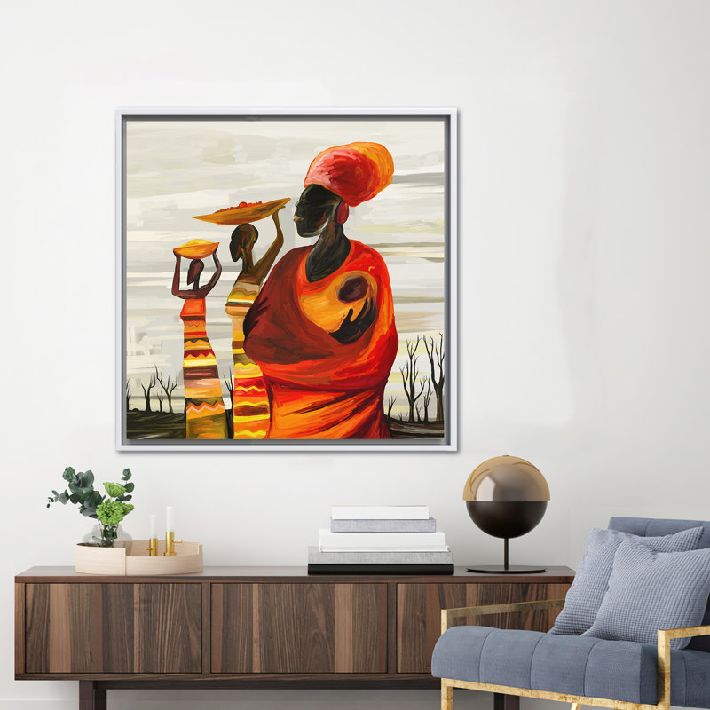 African Inspired Abstract Canvas Art featuring a Woman with Baby Wall Decor, White Floater Framed, 20 cm H x 20 cm W