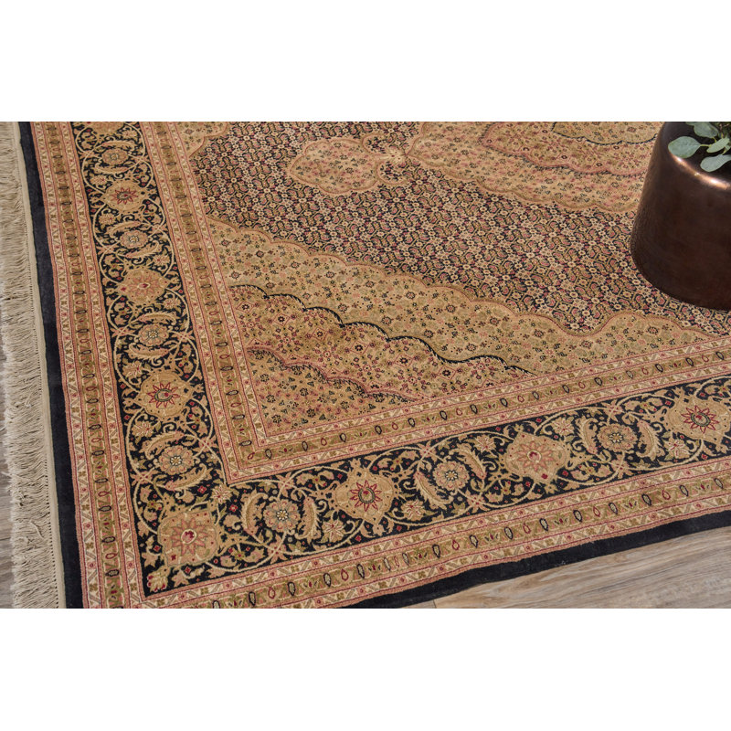 Hand-Knotted Black and Beige Floral Wool 8' x 10' Rug