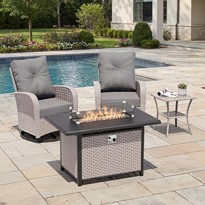 2 Person All-Weather Outdoor Patio Swivel Glider Chair Set with Fire Pit, With Table