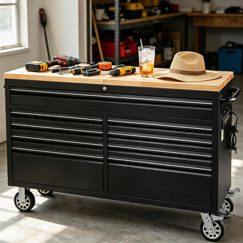 Coffre à outils robuste 61 "avec plateau en bois d'hévéa - établi mobile à 9 tiroirs, armoire de rangement en métal avec système de verrouillage à clé et 4 roulettes robustes pour les garages.