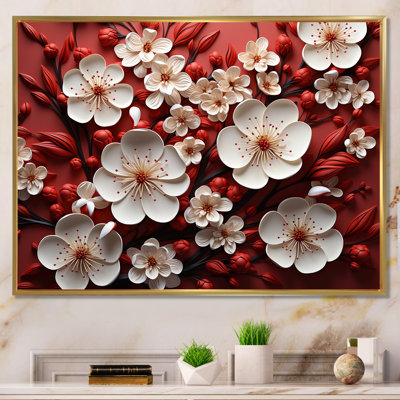 White And Red Orchid Flower Branches II - Abstract Floral Wall Art