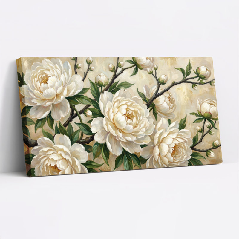 Ensemble de 1 tableau sur toile tendue à motif floral de pivoine blanche, H 28 po x l 58 po