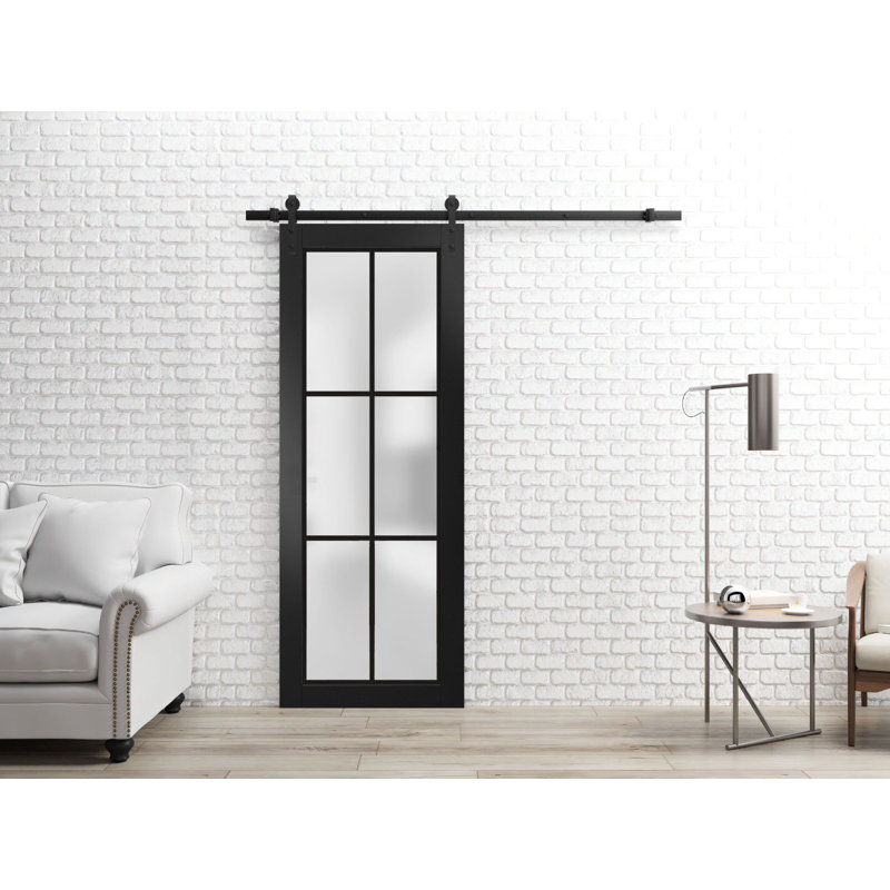 Porte de grange robuste en verre trempé givré | Planum 2122 | Ensemble de quincaillerie lourde pour cintres 6,6 pi noir | Portes intérieures modernes à panneau solide - Rail noir