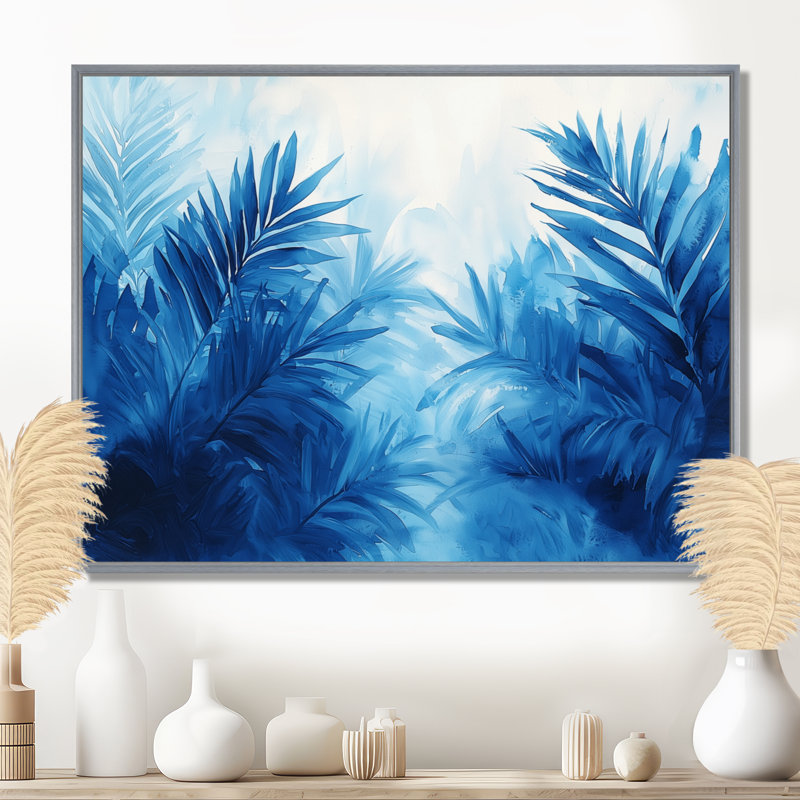 Art mural sur toile Cleah Palms In Velvet Blue Harmony I - Palmiers et palmiers, H 30 po x l 40 po, Argent argent