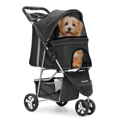 Poussette pliable pour animaux avec housse de protection contre les intempéries, chariot à 3 roues pour chiens et chats avec panier de rangement et porte-gobelet, filet respirant et visible pour toutes les saisons