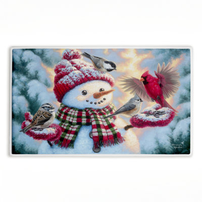 Happy Snowman with Landing Birds Printed Plush Bathroom Floor Mat, design by Abraham Hunter
