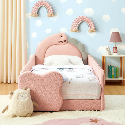 Twin Size Cute Dinosaur-Shaped Kids Bed With Safety Guardraild, Solid Wood Toddler Bed Frame