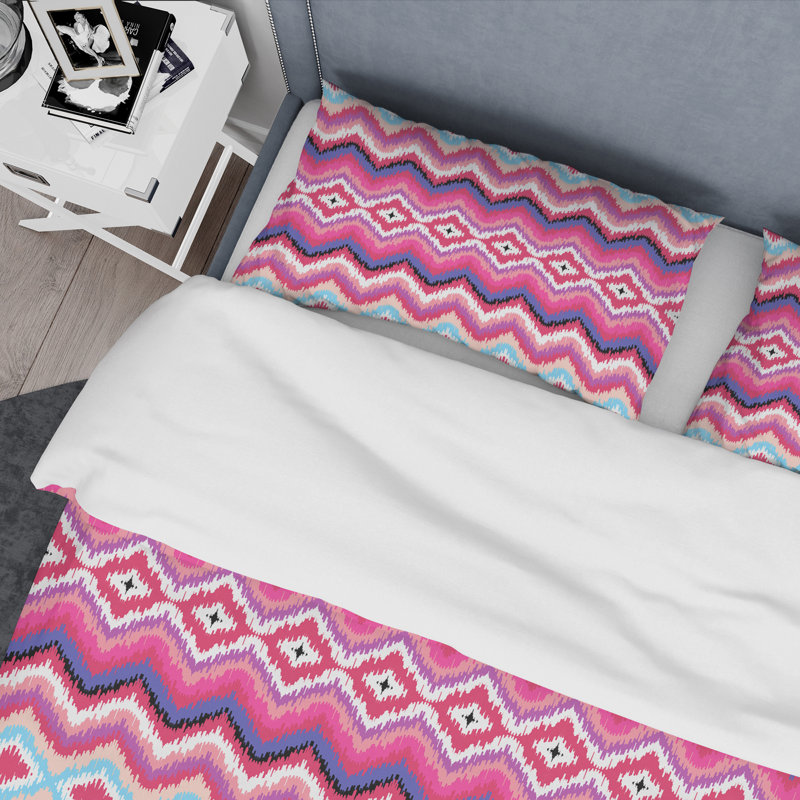 Pink Ikat Ogee - Ensemble de housse de couette abstrait - Microfibre de polyester