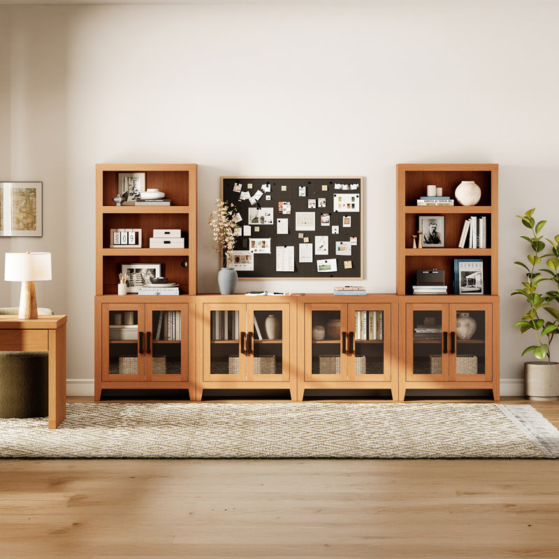 Farmhouse Entertainment Center With Bookshelves, 4-Piece Modular TV Stand With Storage Towers, Glass Doors, Open Shelves, Media Console For Living Room, Home Theater