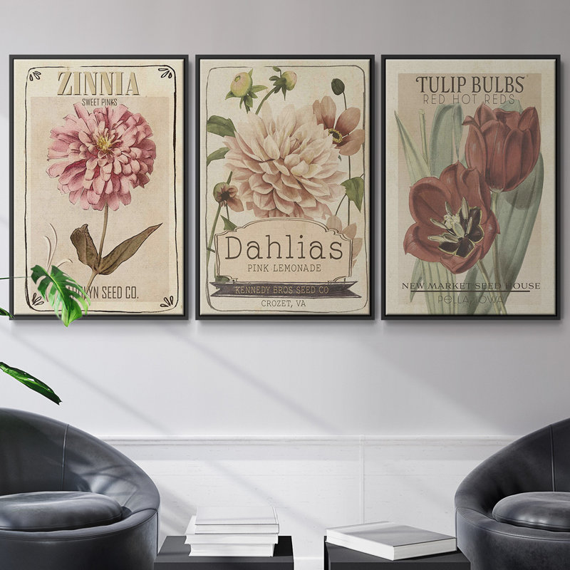 Ensemble de 3 paquets de graines rétro II encadrés sur toile, Noir, H 27 po x l 54 po
