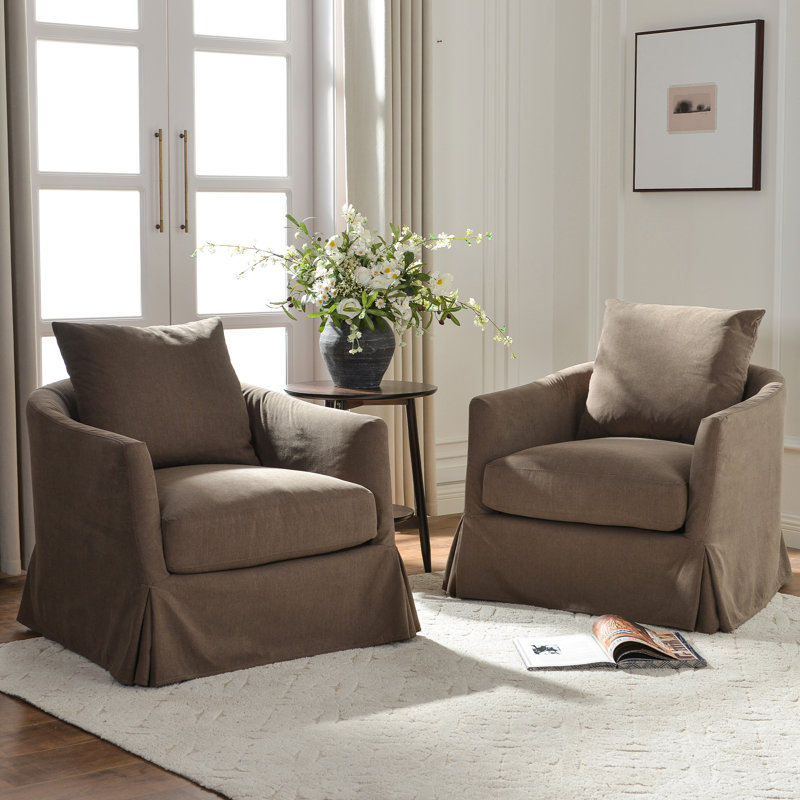 32.3" W Down Fill Slipcovered Swivel Barrel Chair with Toss Pillows, Brown