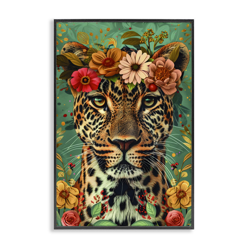 Floral guépard, art de la giclée encadrée, design par LSR Design Studio, H 18 po x l 12 po, Giclée encadrée noir minuit