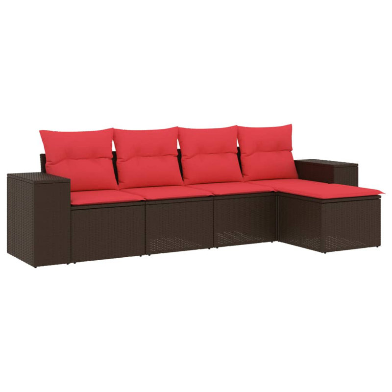 6 Piece Patio Sofa Set With Cushions Poly Rattan, Red Cushion/Brown Frame