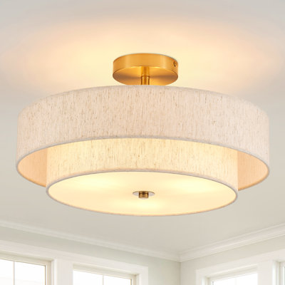 Plafonnier semi-encastré 3 lumières tambour moderne en lin