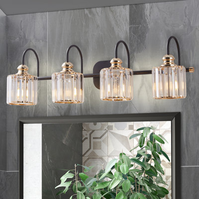 4-Light Bathroom Vanity Light with Fluted Crystal Glass Shades, Matte Black Bathroom Wall Light Fixture