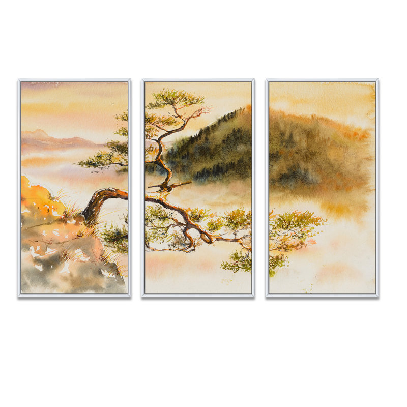 Pin incurvé sur le sommet du sommet de Sokolica - reproduction de cadre flottant sur toile 3 pièces, Cadre blanc
