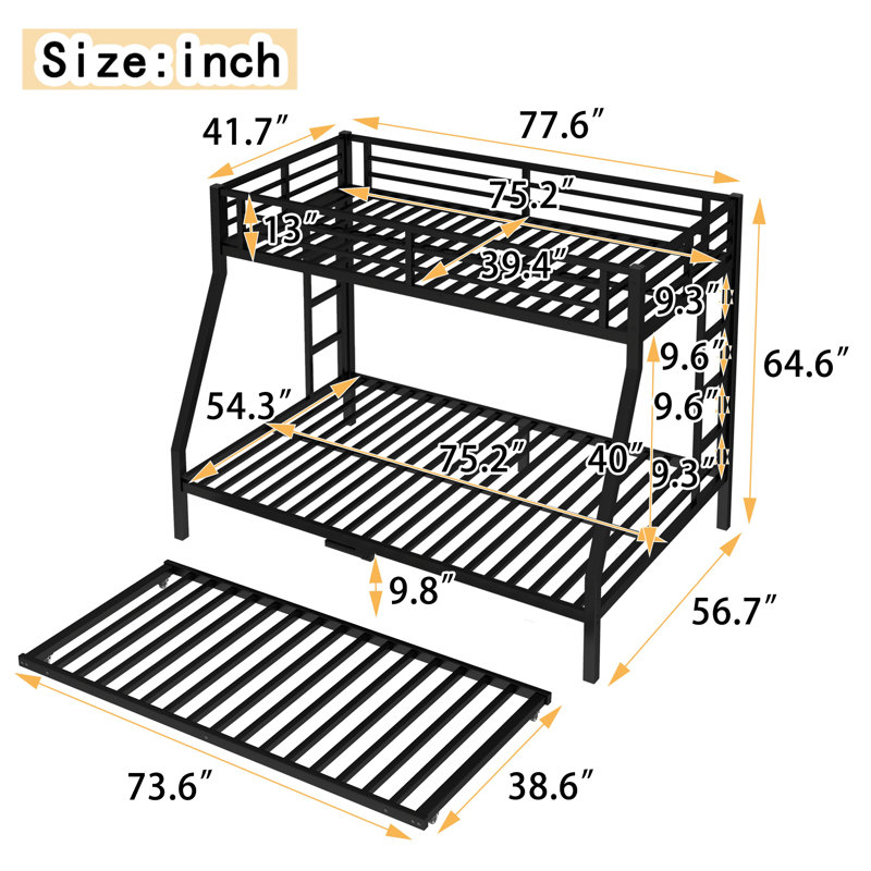 Metal Bunk Bed with Trundle, Sturdy Steel Frame, Safety Guardrails & Ladder, Space-Saving Design, Black, Twin Over Full