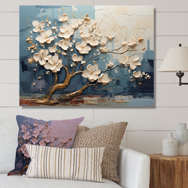 Orchidée bleue et blanche, jardin de branches VI - arbre, art mural, Toile tendue, H 30 po x l 40 po x P 1,5 po