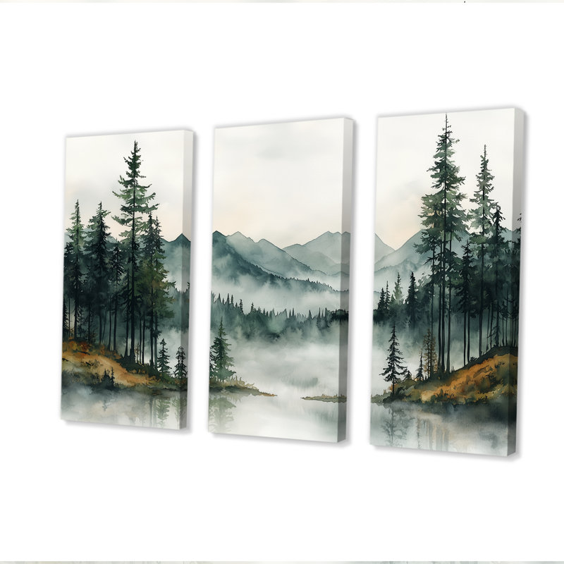 «Green Pine Trees Mist Morning I», ensemble d'art mural pin, Toile tendue, H 40 po x l 60 po x P 1 po