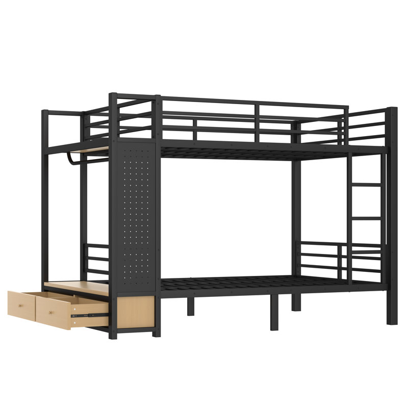 Lit superposé double au-dessus de double avec tablettes de rangement, tiroirs et panneau perforé Roomfitter, structure robuste peu encombrante, noir