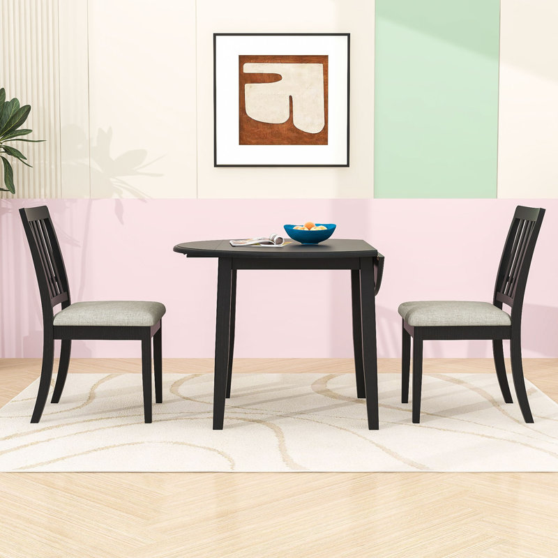 Ensemble de salle à manger 3 pièces à abattants avec table pliante en bois et 2 chaises rembourrées à dossier en lattes, Noir