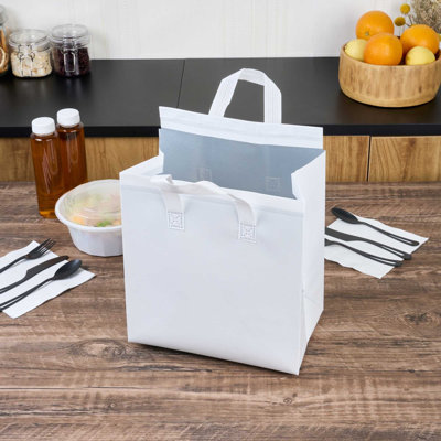 Restaurantware Insulated Delivery Bags 25 Count 10.24 x 6.69 x 11.02 Inches Nonwoven Take Out Bags For Food With Sturdy Handles, White Insulated Grocery Bags Tamper-Evident Foldable
