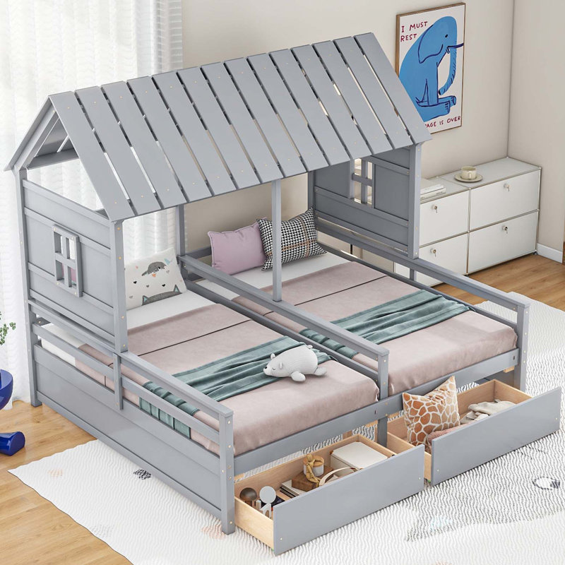Lit plateforme simple avec deux tiroirs pour lits partagés garçon et fille, combinaison de 2 lits simples côte à côte, gris