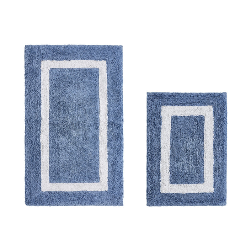 Broshous Premium 100% Cotton 2370 GSM 2-Piece Bath Rug Set, Ultra Plush Tufted Bathroom Mats, Super Absorbent OEKO-TEX® Certified, Reversible, Machine Washable, Spa-Like Comfort, Dark Blue/White
