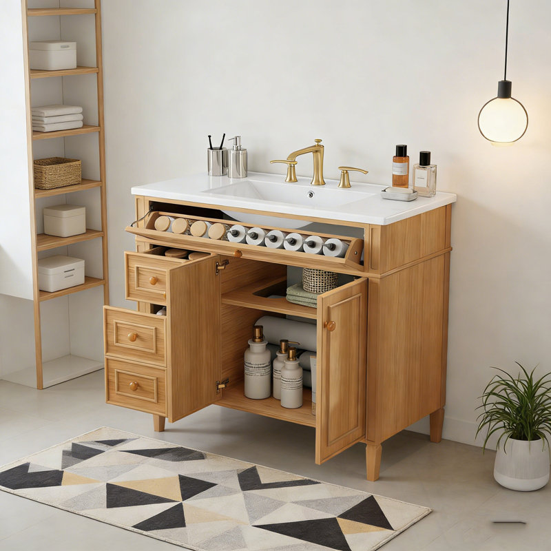 Bathroom Vanity with Sink, Flip-Out Drawer, 3 Drawers and 2 Soft-Close Doors