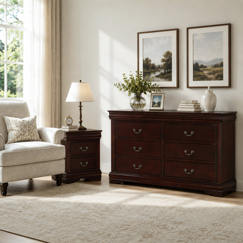 Ensemble de meubles de chambre à coucher transitionnels 2 pièces, commode 6 tiroirs + table de chevet 2 tiroirs, armoire de rangement en bois massif