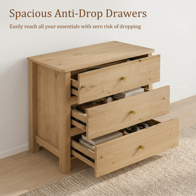 Ensemble de table de chevet / table de bout à 3 tiroirs en bois naturel, commode de 26,5 po de largeur pour chambre à coucher