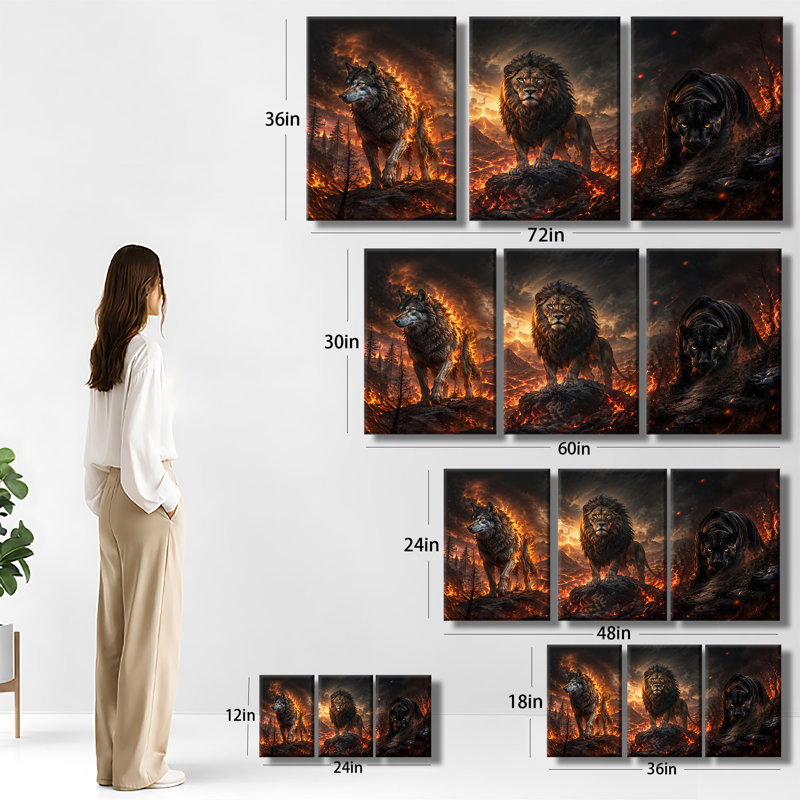 Loup, lion noir, panthère noire, 3 pièces, art animalier sur toile foncé, H 24 po x l 48 po x P 1 po